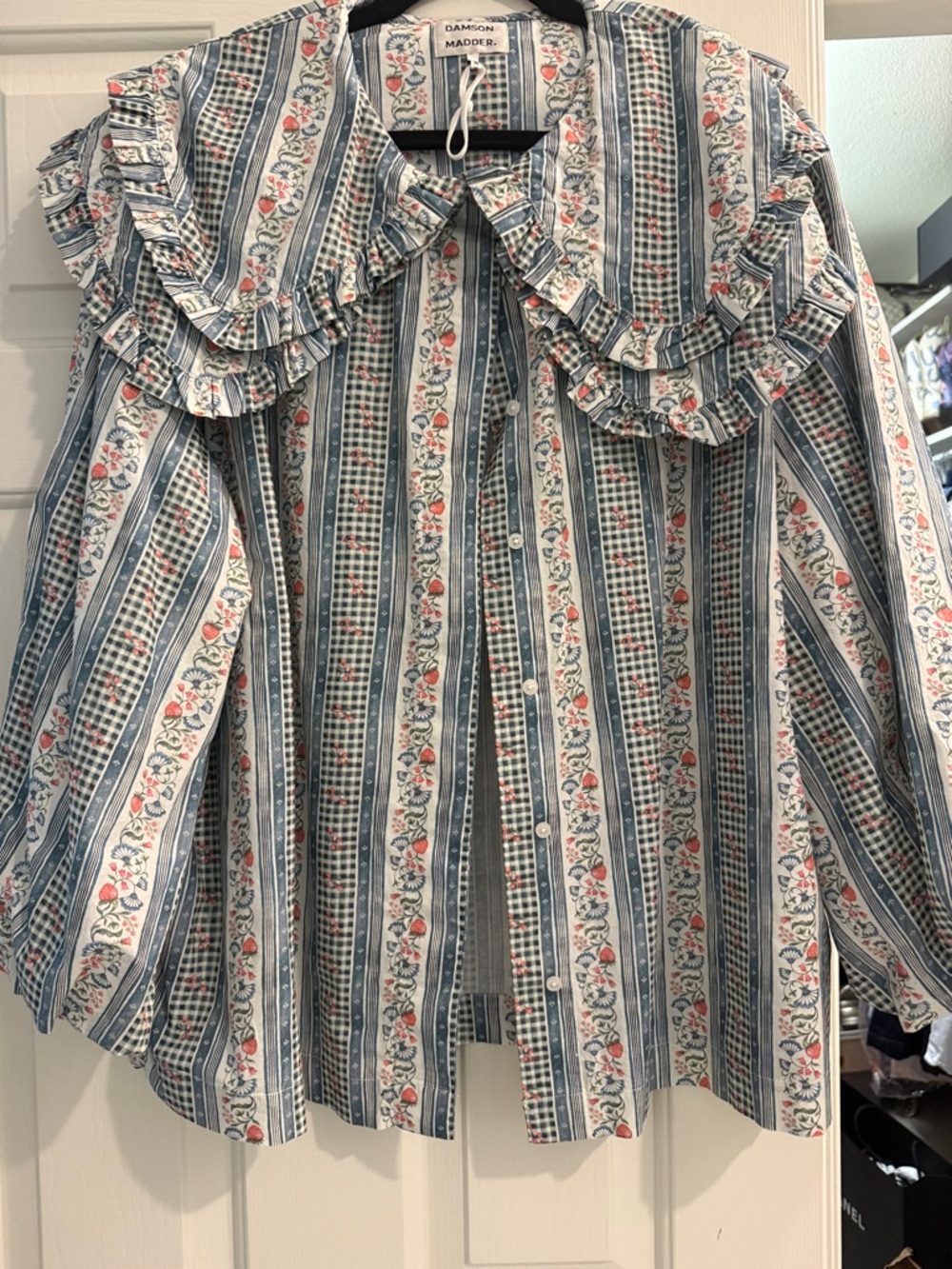 Damson Madder Blue Floral Stripe Ruffle Collar Button-Up Top